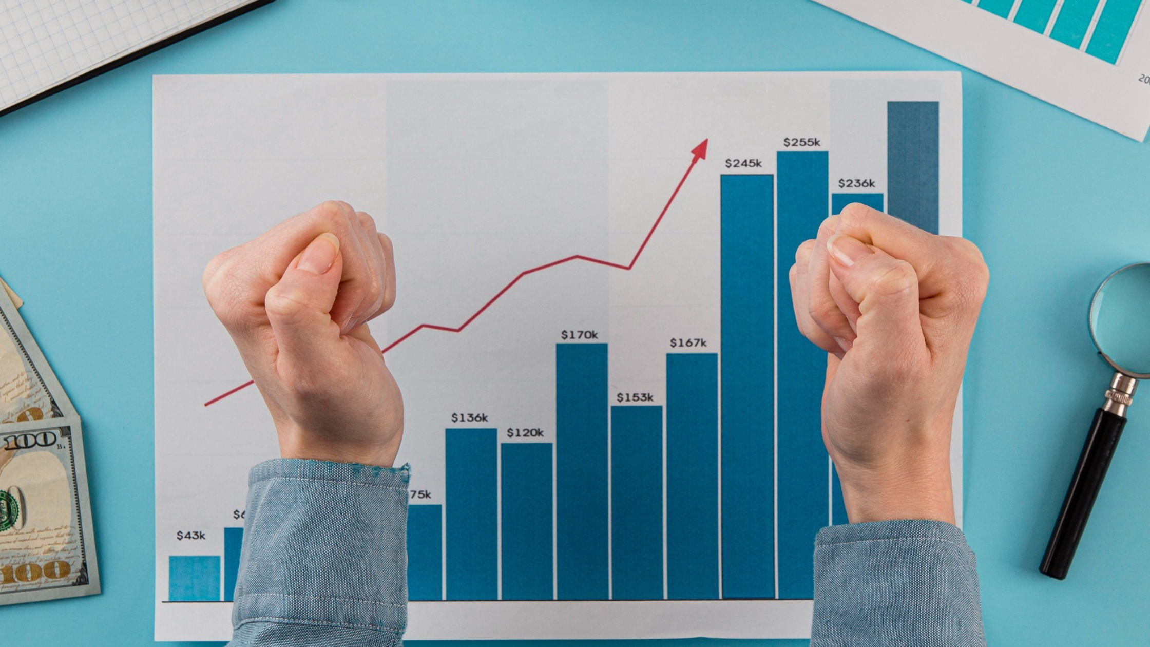 Person celebrating in front of a rising revenue chart, illustrating the benefits of enabling PSTN calling services through Operator Connect Express.