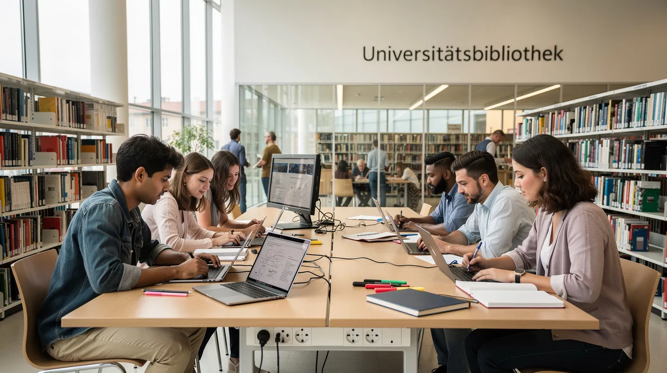 In einer modernen Universitätsbibliothek arbeiten mehrere Studierende konzentriert an ihren Laptops. Sie nutzen gemeinsam Ressourcen und zeigen dabei Interaktion, während sie an ihren Projekten oder Klassen arbeiten.