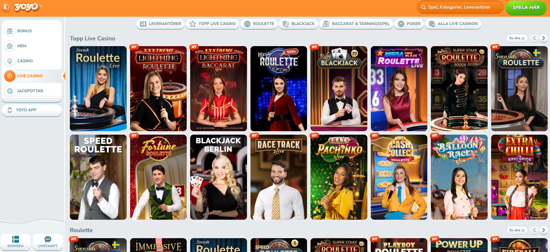 YoYo Casinos livecasino med roulette, blackjack och andra live casinospel.