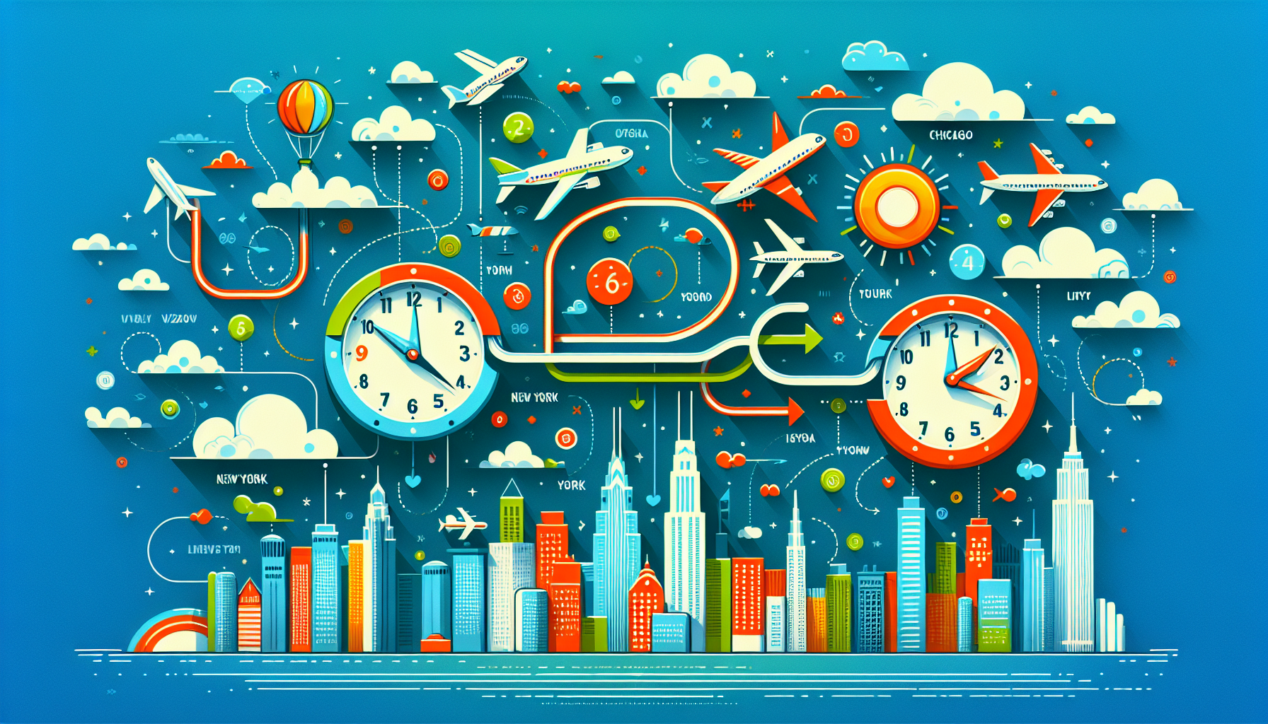 An illustration showing the average flight time from Chicago to New York.