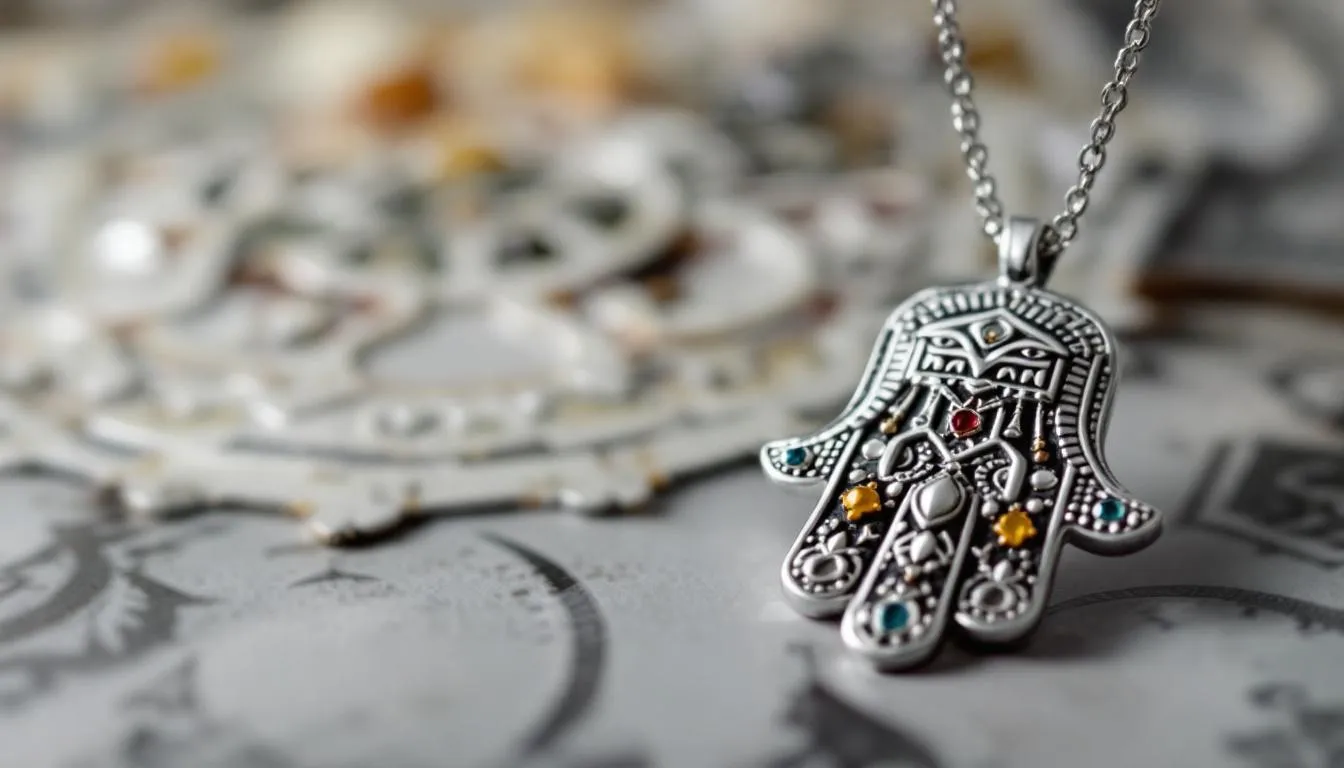 The image showcases a variety of hamsa hand necklaces, ranging from traditional designs to modern, minimalist styles, all crafted from sterling silver. Each piece serves as a symbol of protection and good fortune, making them perfect gifts for loved ones or personal talismans to ward off negative energies.