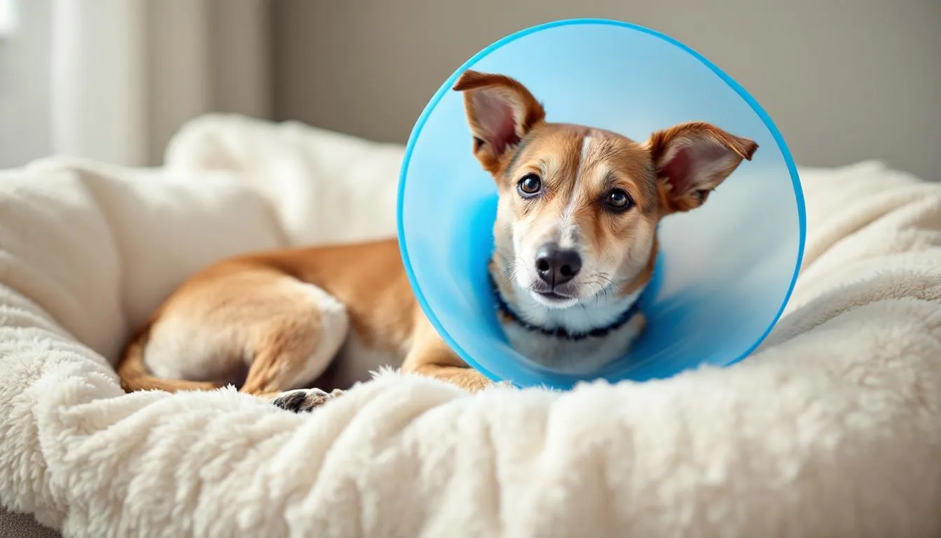 A small dog is resting comfortably on a soft bed while wearing a traditional plastic cone, also known as an Elizabethan collar, to prevent licking at a leg wound. The cone gently encircles the dog
