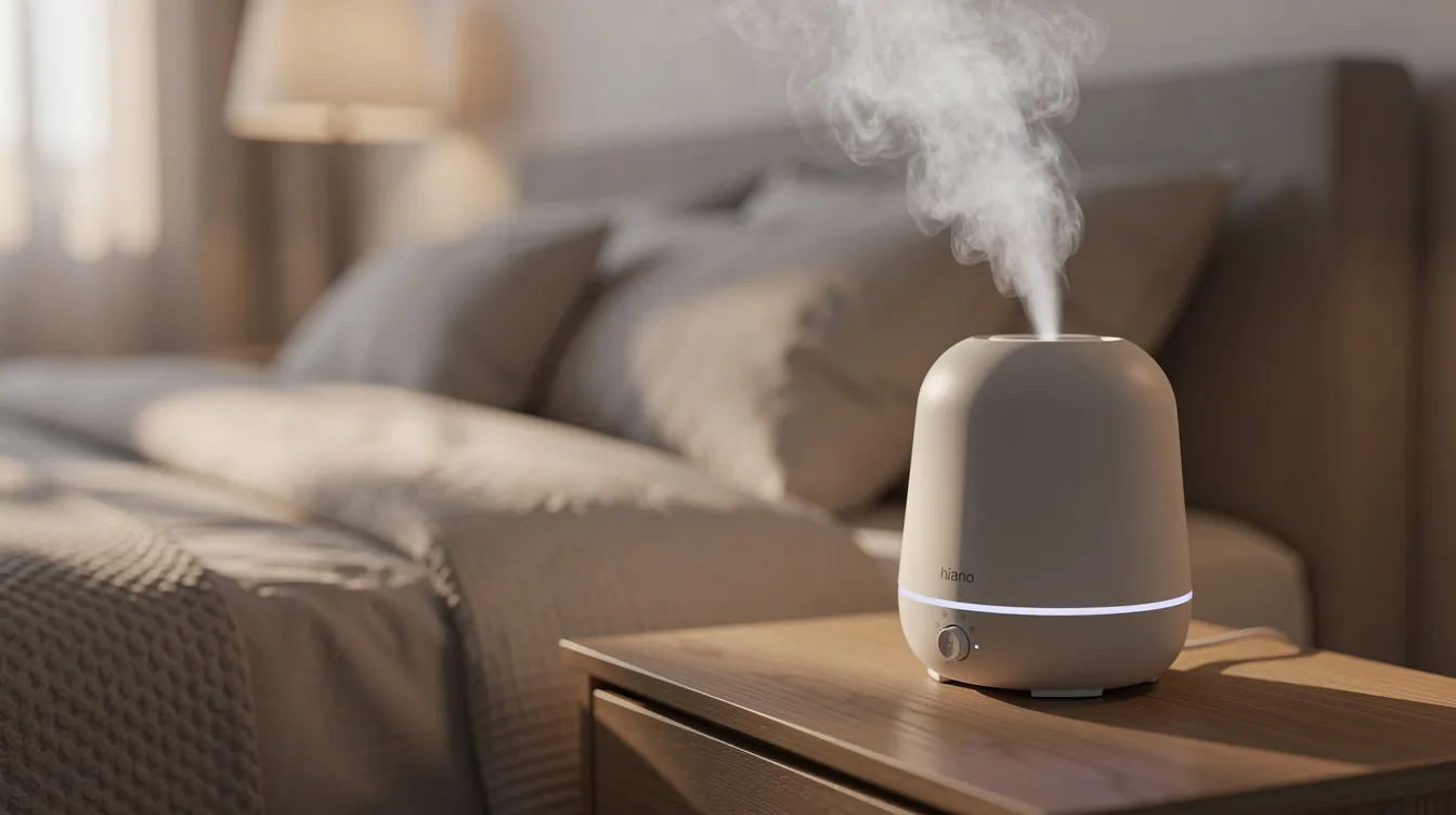 An ultrasonic diffuser is gently releasing a soothing mist in a calm bedroom setting, illuminated by soft lighting, creating a tranquil atmosphere. The aroma of lavender essential oil fills the air, enhancing relaxation and promoting better sleep quality.