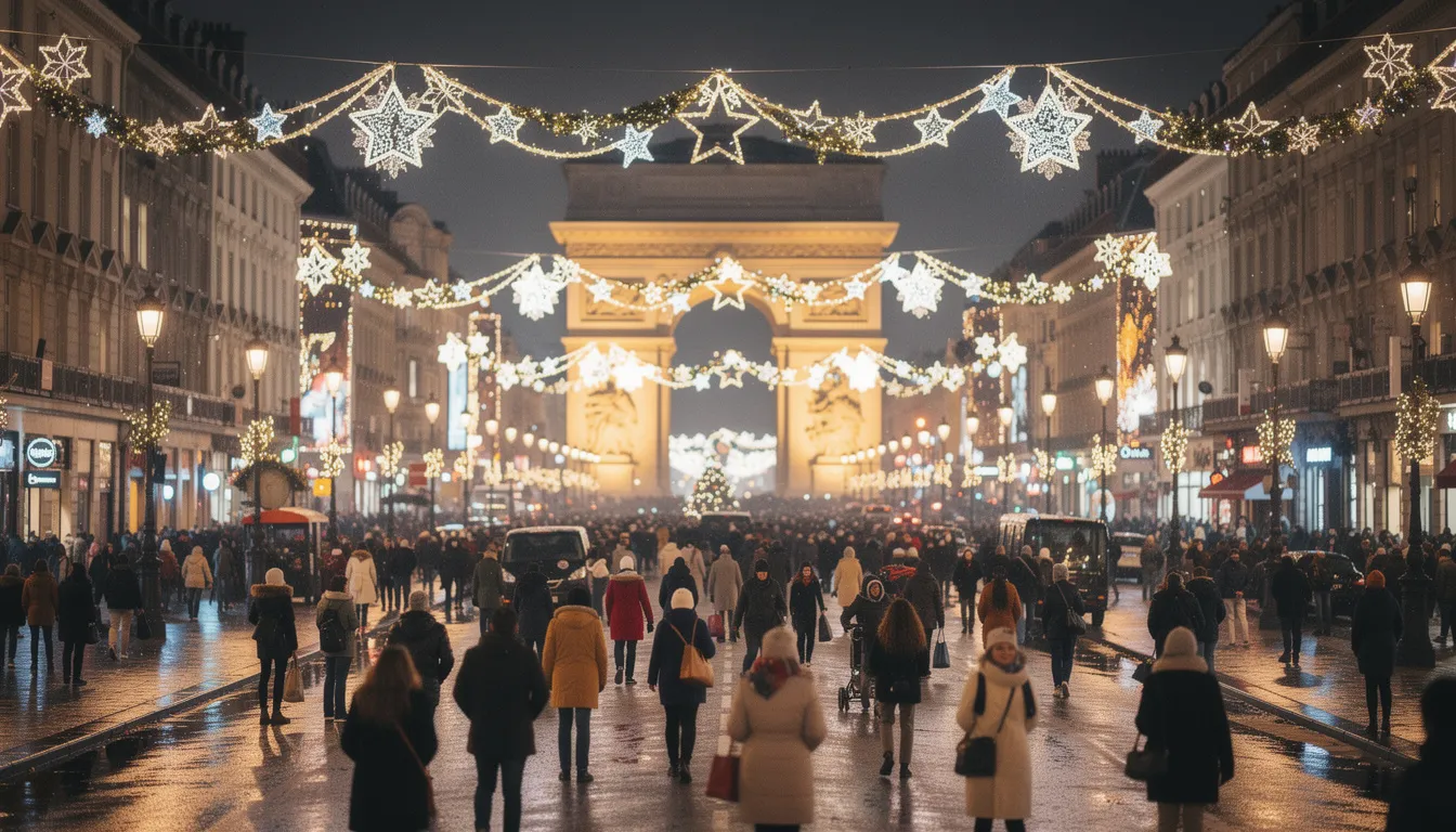 Na szerokiej alei w centrum Paryża, w nocy, tłum ludzi podziwia iluminacje świąteczne, a w tle widać majestatyczny łuk triumfalny. Scena oddaje atmosferę sylwestra w Paryżu, gdzie eleganckie lokale zapraszają na wyjątkowe przyjęcia.