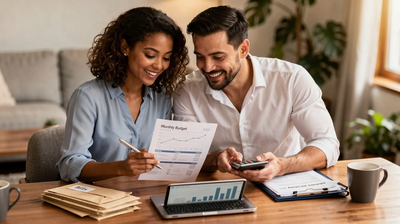 A confident couple sits together at a table, reviewing financial documents related to their retirement plans. They appear focused and engaged as they discuss important aspects such as FERS retirement benefits and the implications of their years of service on their future financial security.