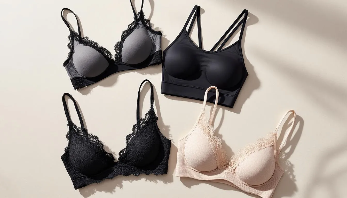 Trendy wireless bralettes displayed in various styles.