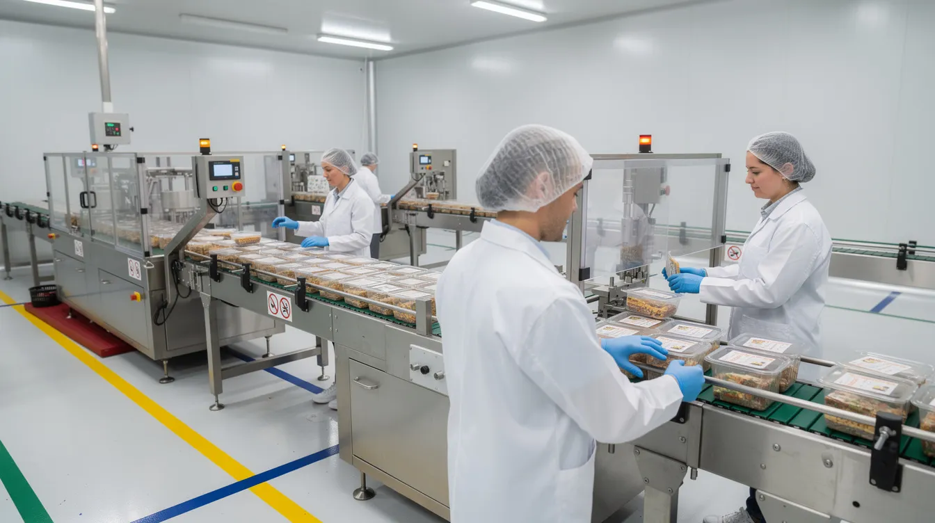c44fec5b 58cd 411c 989d 5e048062e26e The image shows workers in white coats and hairnets efficiently operating a food packaging line in a clean, modern factory. They are involved in the production process of ready-to-eat breakfast staples, ensuring the quality ingredients, like rice flour and spices, are properly packed for optimal shelf life and convenience.