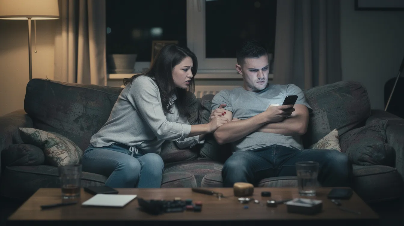 The image depicts a couple sitting together, appearing emotionally distant, which illustrates the concept of toxic attachment styles in romantic relationships. Their body language suggests unhealthy emotional attachment, highlighting the challenges of maintaining healthy relationships amidst feelings of anxiety and insecurity.
