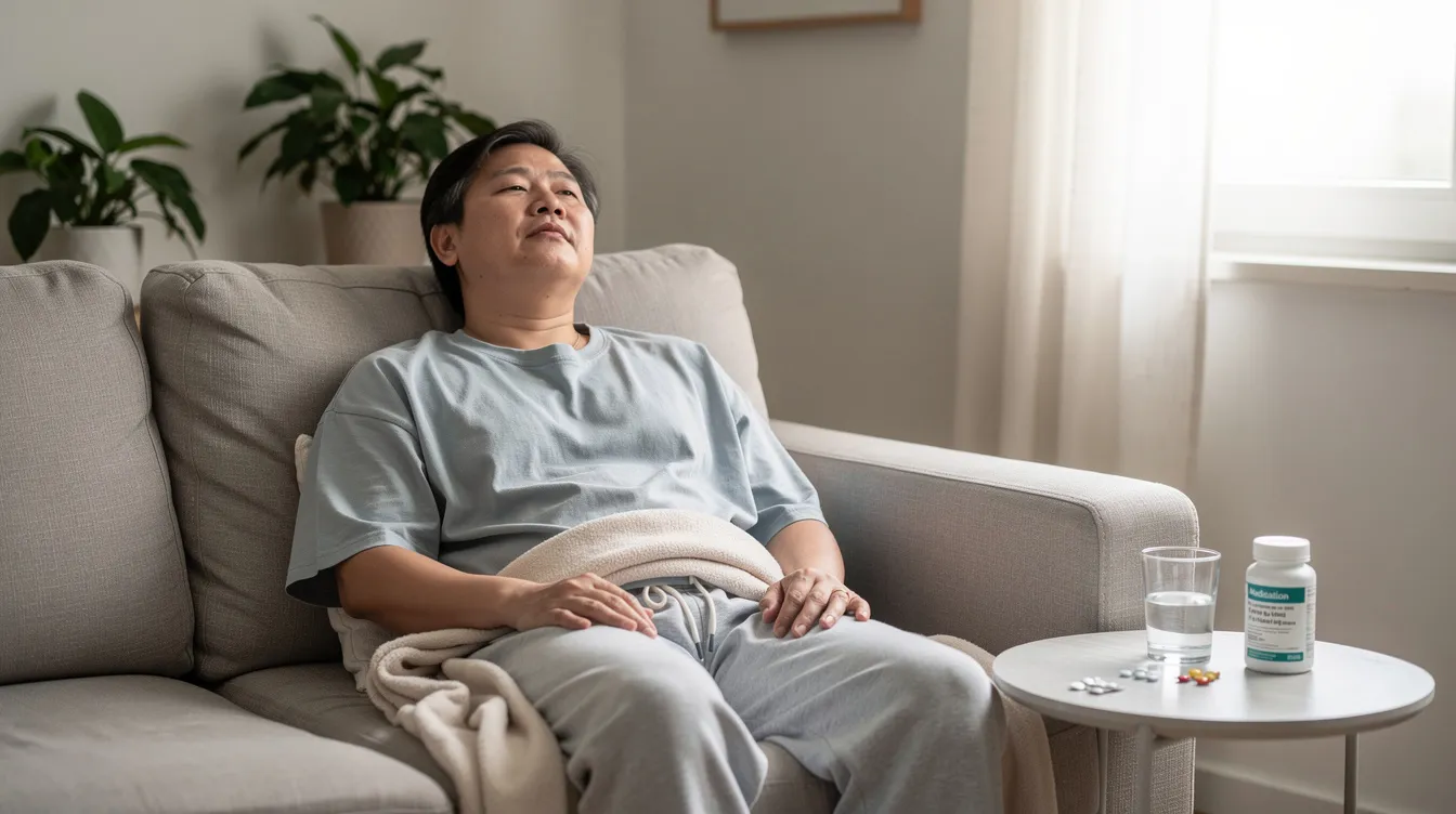 The image shows a person comfortably resting at home in loose clothing after undergoing a j plasma treatment, aimed at tightening loose skin and enhancing skin elasticity. They appear relaxed, following post treatment care instructions as part of their recovery process from this minimally invasive cosmetic procedure.