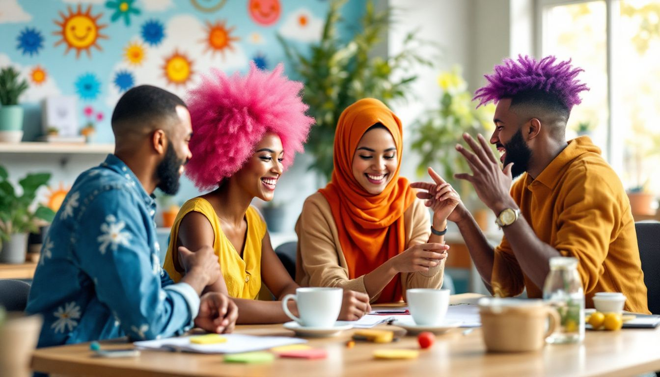 A diverse group of coworkers smiling and collaborating, showcasing a positive work environment.