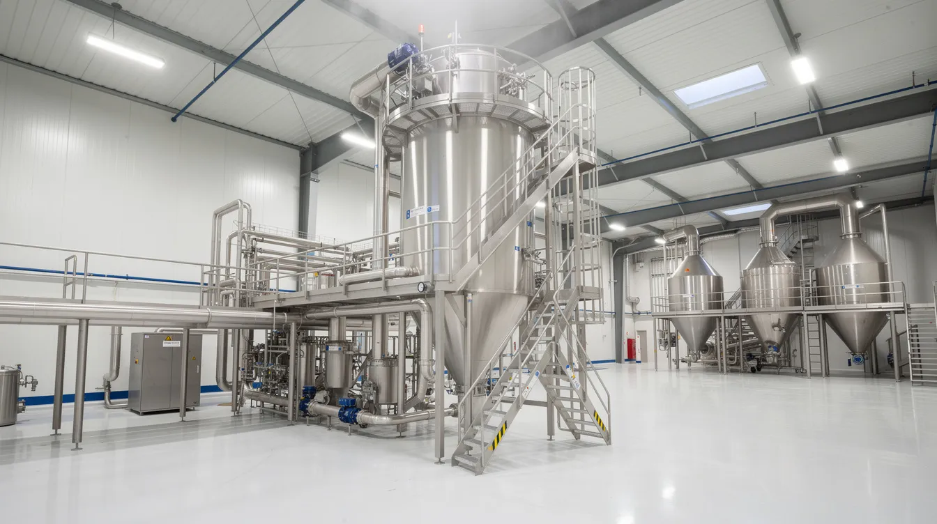 c451f0e8 2221 4df7 9065 add562c837cd The image depicts an industrial spray drying tower located inside a modern dairy processing plant, where liquid whey is transformed into whey protein concentrate through bulk production. This facility showcases advanced operational efficiency in cheese production, highlighting the importance of financial ratios and debt service coverage ratio in maintaining the company's finances.