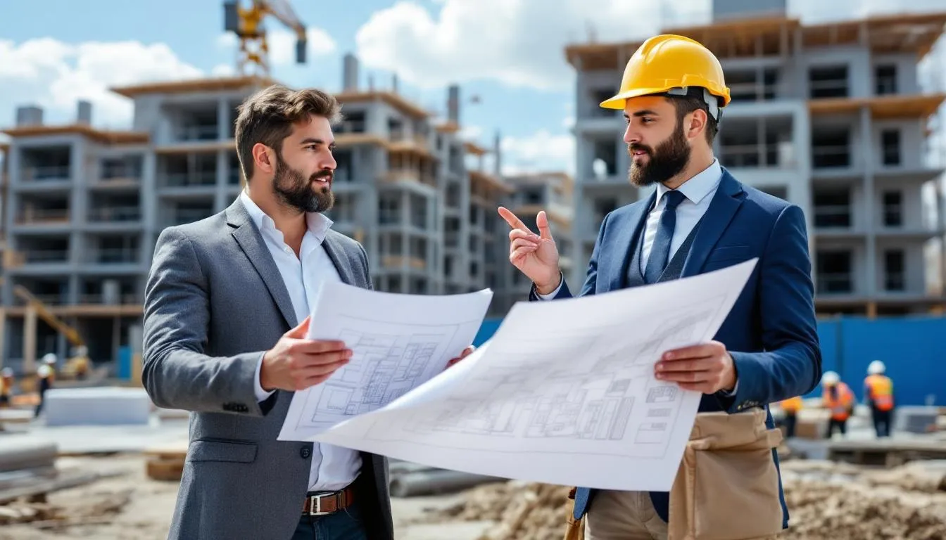 In the image, a group of architects stands in front of an active construction site, intently reviewing building plans and discussing project details. Their collaboration highlights the importance of professional growth and expertise in the architecture industry, as they work together to ensure the successful completion of their designs.