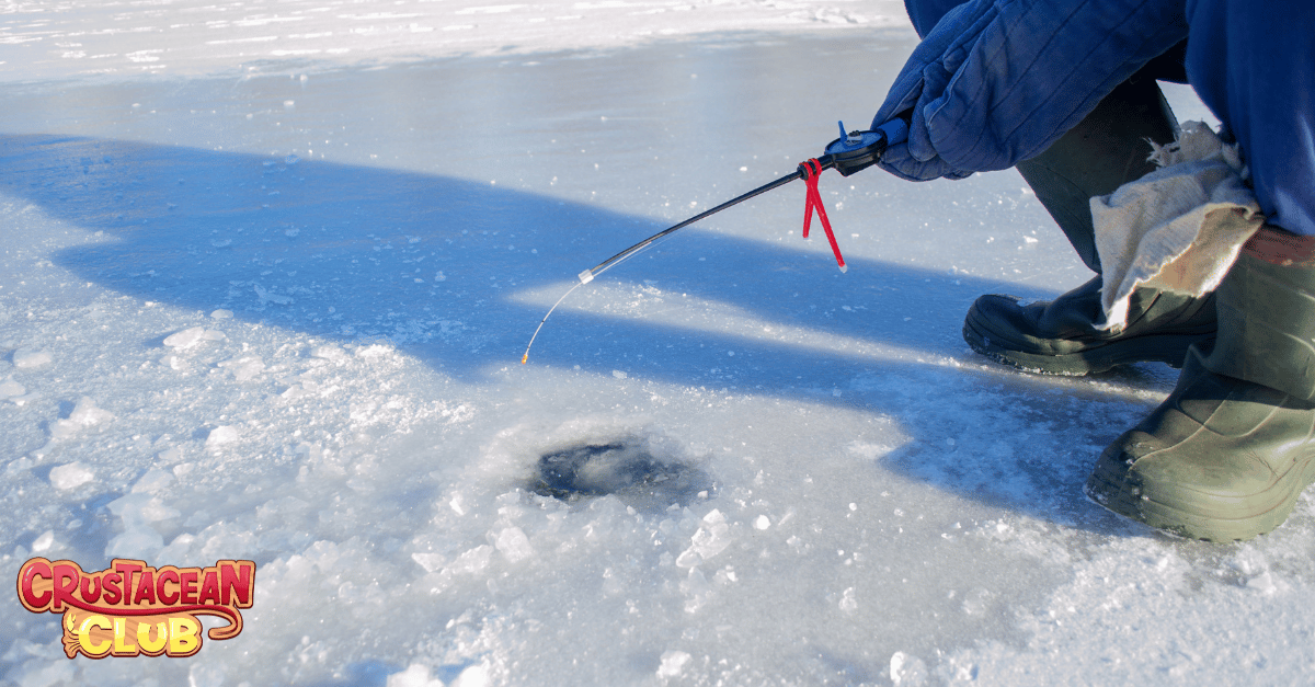 Winter fishing scene with fishermen on a frozen lake