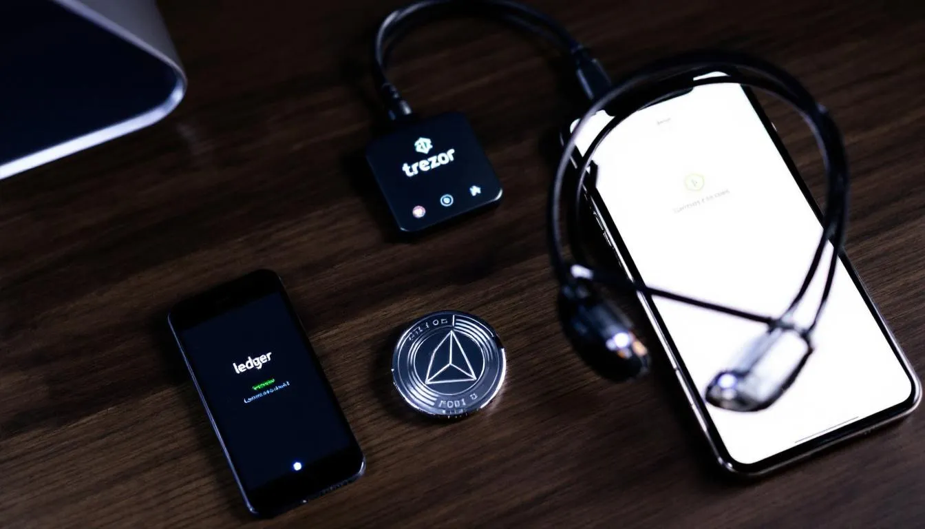 The image features a modern setup of cryptocurrency hardware and software wallets displayed on a desk, showcasing various crypto wallets such as a Trezor hardware wallet and a mobile app interface for managing digital assets. This arrangement emphasizes the importance of secure wallets and the management of private keys for safeguarding cryptocurrencies.