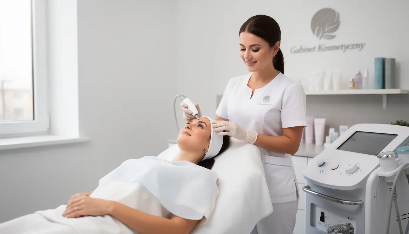 Na zdjęciu widoczna jest kobieta podczas zabiegu kosmetycznego w profesjonalnym gabinecie medycyny estetycznej, gdzie lekarz medycyny estetycznej wykonuje mezoterapię igłową w okolicach oczu, mając na celu redukcję zmarszczek wokół oczu oraz poprawę elastyczności i jędrności skóry. W tle znajdują się narzędzia i preparaty stosowane w zabiegach, które intensywnie nawilżają skórę i stymulują produkcję kolagenu.
