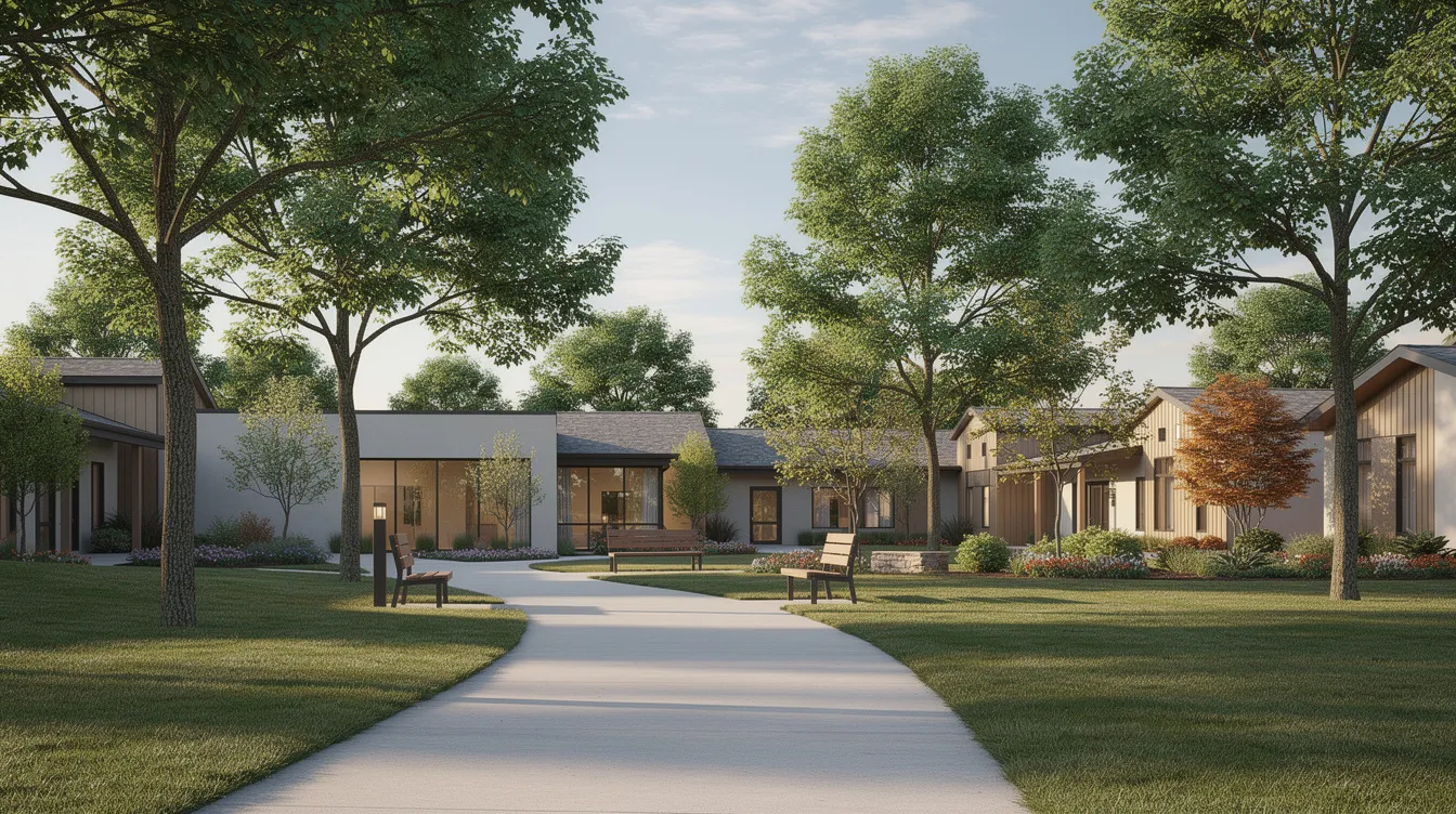The image depicts a serene outdoor setting with tall trees lining a walking path, creating a peaceful atmosphere at a residential treatment facility. This environment promotes positive mental health and encourages open communication among young people dealing with peer pressure and building self-esteem.
