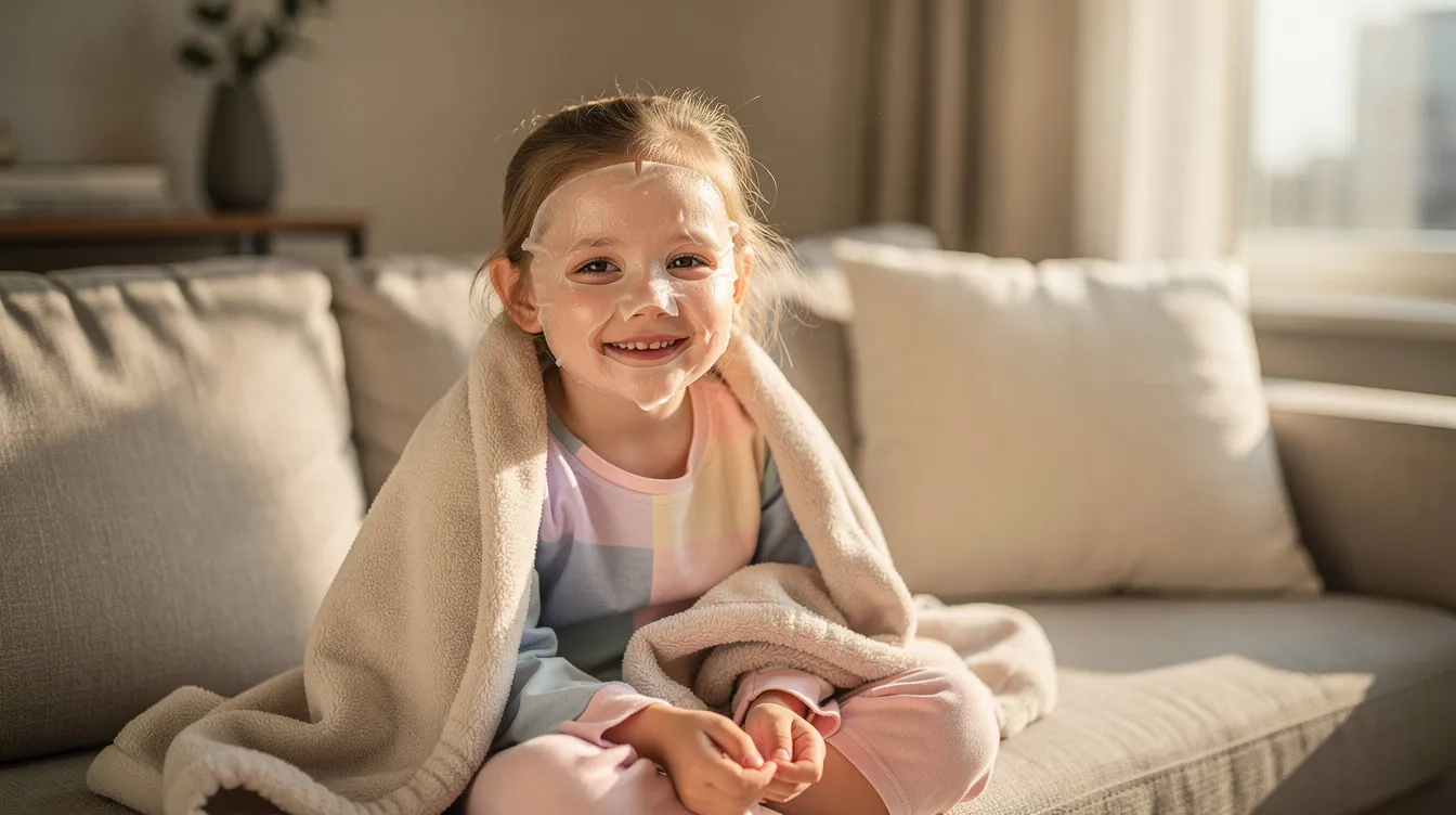 A smiling child sits on a couch wearing a gentle hydrating sheet mask, promoting healthy skin and a fun skincare routine for young skin. The mask helps to refresh and hydrate, making it a good option for kids with sensitive skin.