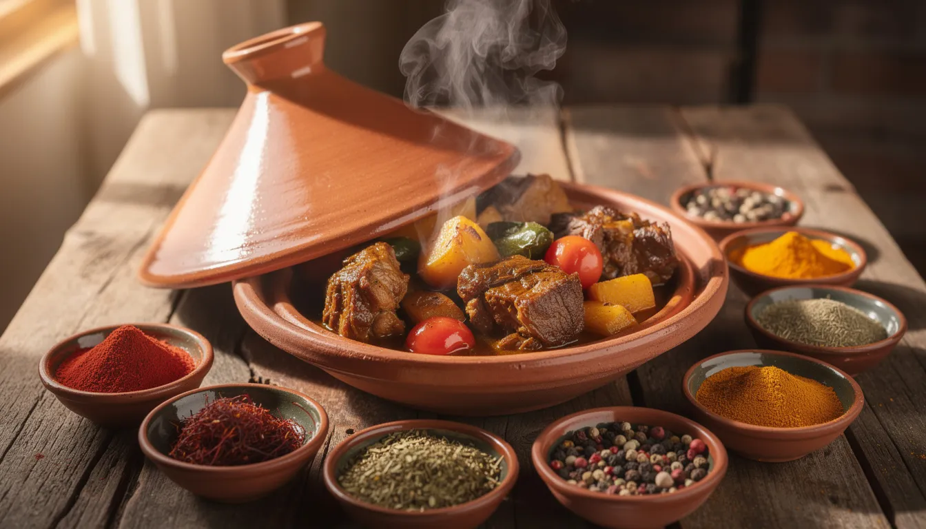 A traditional Moroccan tagine dish is depicted, with steam rising from its conical lid, surrounded by an array of colorful spices that reflect the rich history and vibrant culture of Moroccan cuisine. This inviting scene showcases the essence of North Africa's culinary traditions, often enjoyed with Moroccan mint tea.