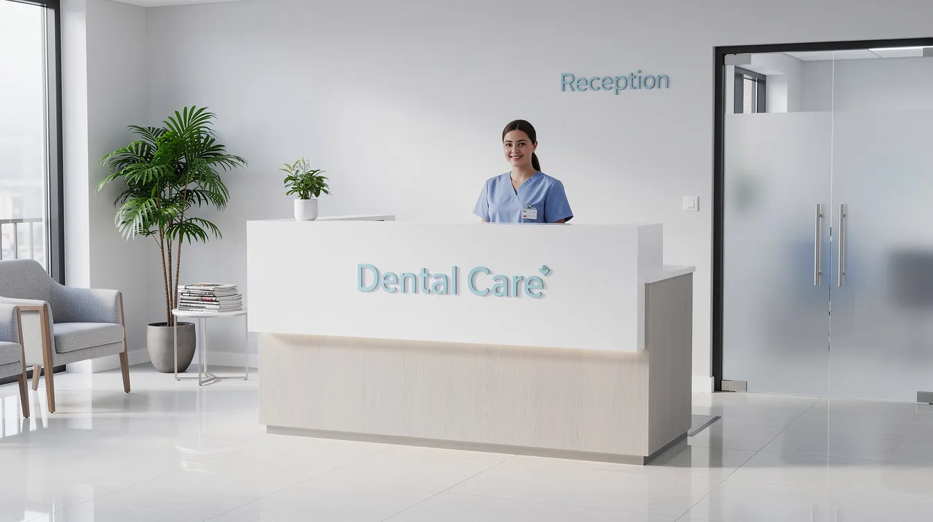 The image shows a reception desk at a dental office, featuring a computer, patient forms, and dental insurance information. This area is designed for efficient patient billing and managing insurance claims related to dental services.