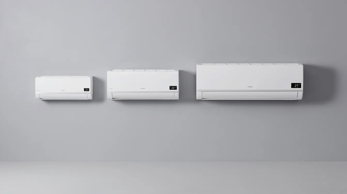 The image features a side-by-side comparison of four air conditioning units of varying sizes, mounted on a neutral wall, highlighting the differences between compact and larger models. This visual display emphasizes the range of air conditioners available, including inverter units known for their energy efficiency and consistent cooling capabilities.