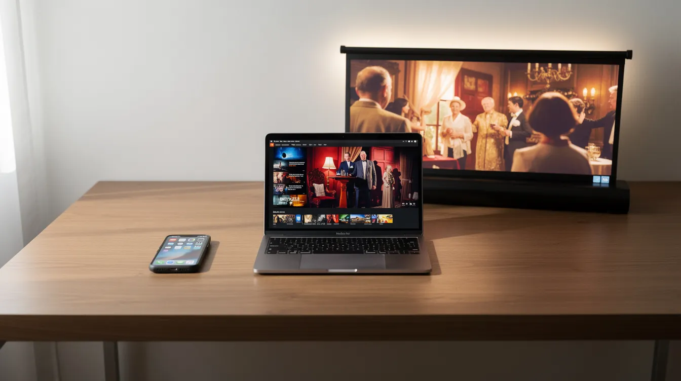 Auf einem Schreibtisch sind verschiedene Medienformate angeordnet, darunter ein Smartphone, ein Laptop und eine Kinoleinwand. Diese Anordnung symbolisiert die Verschmelzung von Markenkommunikation und Unterhaltung, die für die Zielgruppe durch kreative Inhalte und Storytelling ansprechend gestaltet ist.