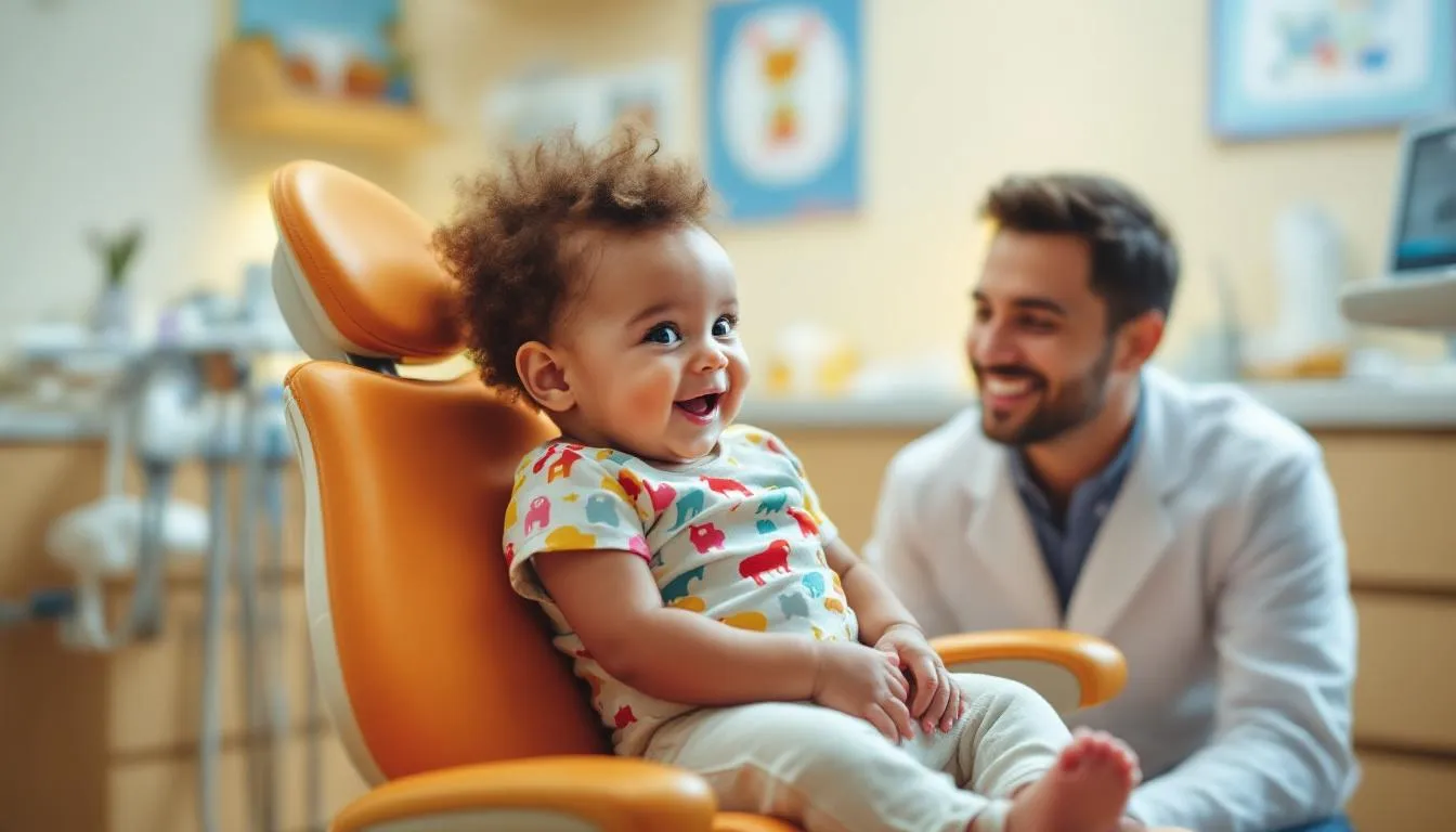 Un bebé de aproximadamente un año está sentado en una silla dental, mostrando una expresión de curiosidad y un poco de nerviosismo durante su primera visita dental. El odontopediatra, con una herramienta dental en mano, está preparado para realizar un registro de su dentición y evaluar el estado de sus dientes de leche.