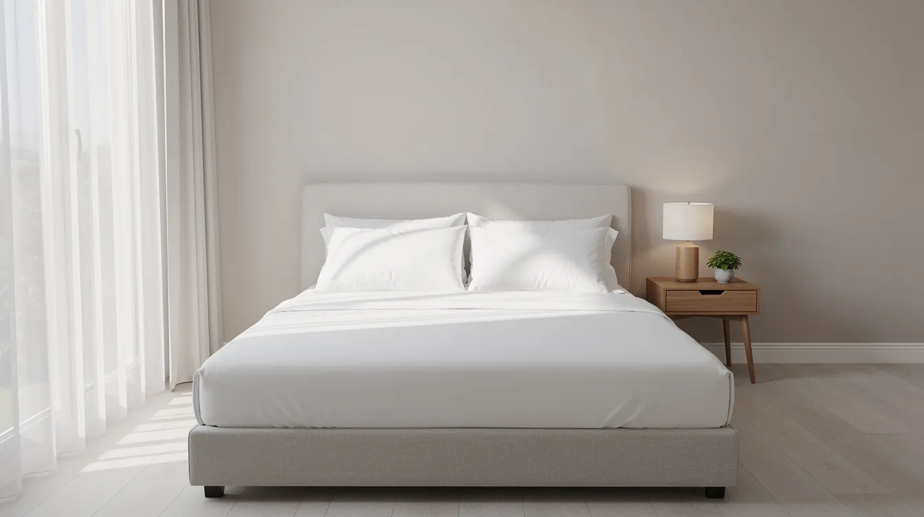 The image features a neatly made queen bed adorned with fresh white organic cotton sheets and two plump pillows, set in a bright and airy bedroom. The crisp cotton percale sheets provide a cozy and inviting atmosphere, perfect for a restful sleep.