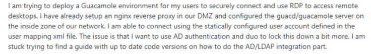 Screenshot of user describing their Guacamole setup and complaining about lack of up-to-date guidance on integrating AD/LDAP authentication