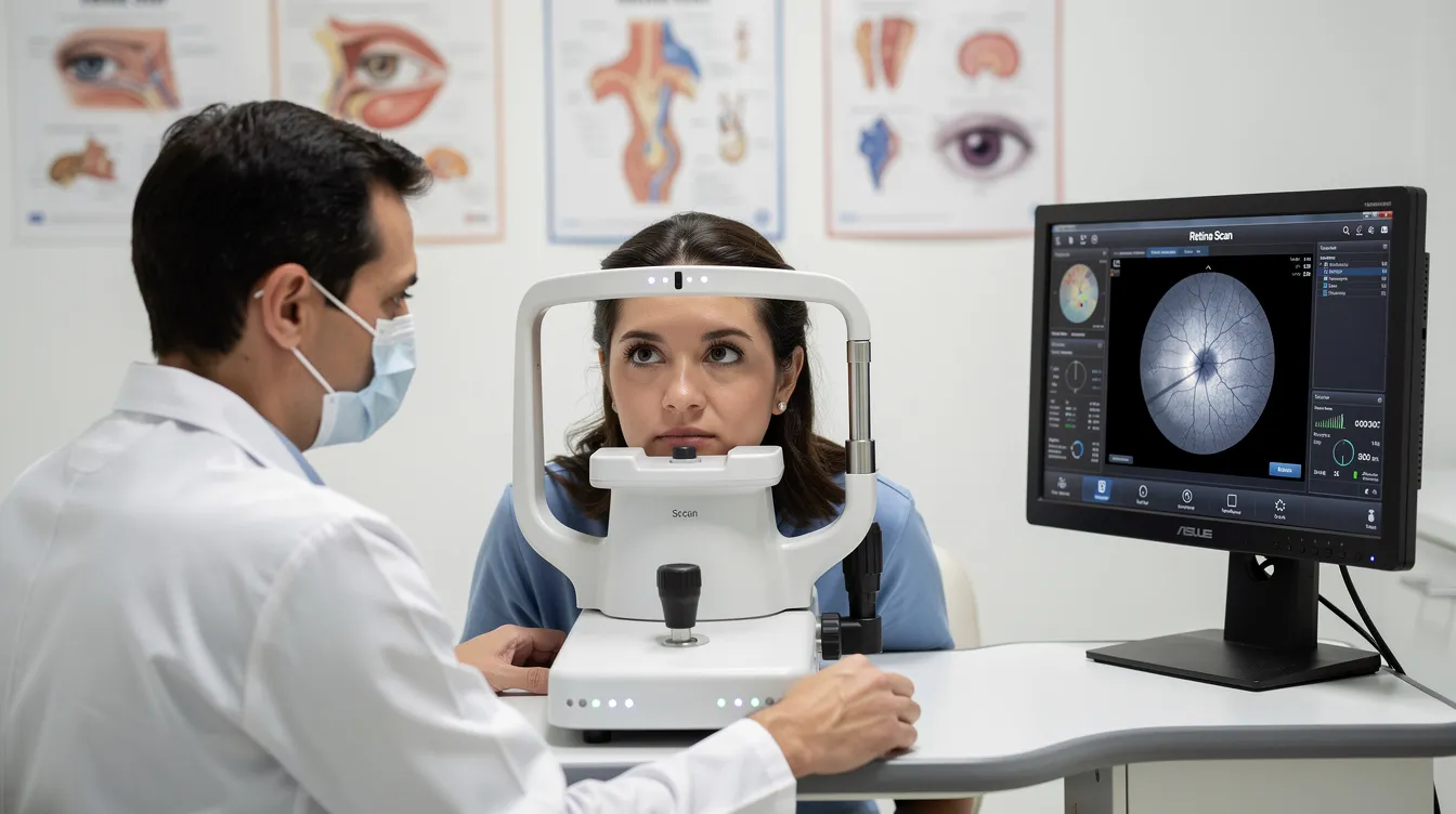 An ophthalmologist is using advanced optical coherence tomography equipment to perform various measurements on a patient’s eye, assessing the posterior segment for conditions such as diabetic retinopathy or glaucoma. The diagnostic imaging helps in determining the appropriate treatment and surgery options for the patient's eye health.