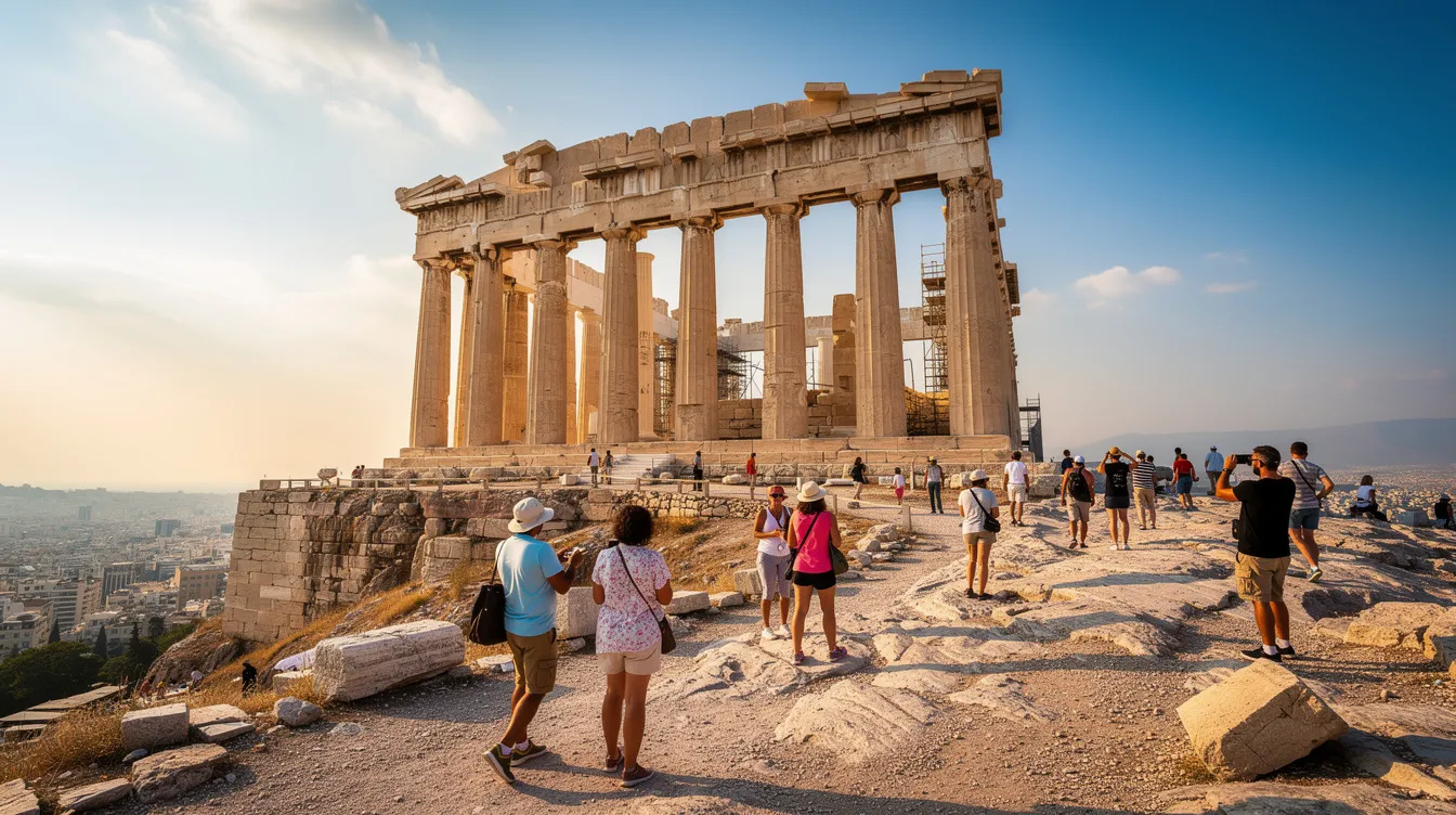 A imagem retrata a Acrópole de Atenas, um dos sítios arqueológicos mais icônicos da Grécia, com suas impressionantes estruturas de pedra, incluindo o Parthenon. Ao fundo, é possível ver a cidade alta de Atenas, destacando a rica história e a arquitetura clássica da região.