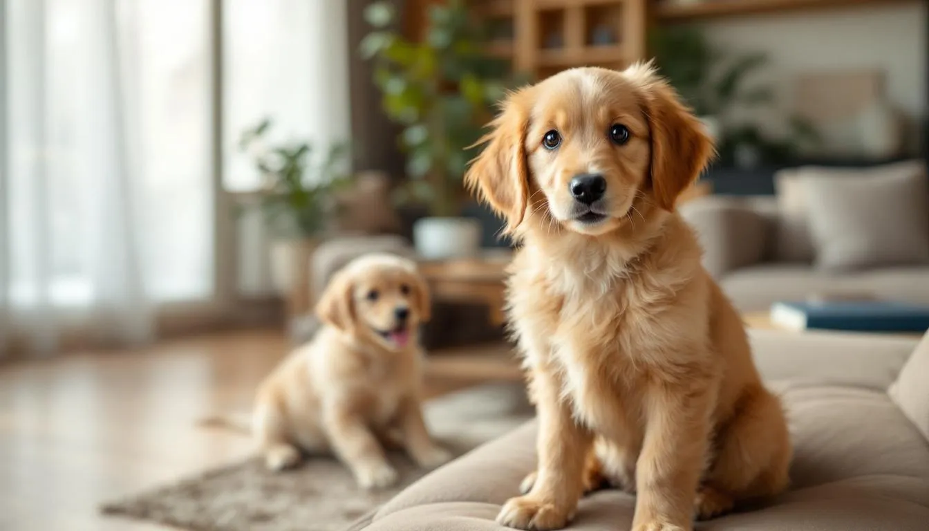 A cheerful miniature goldendoodle is sitting in a cozy family living room, showcasing its affectionate nature and hypoallergenic coat. This playful puppy, a cross between a golden retriever and a poodle, is ready to bring companionship and joy to its future owners.