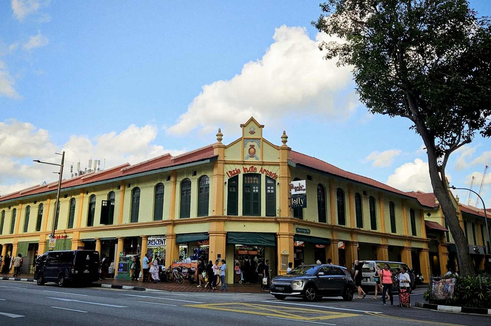 A row of colorful shophouses along Hastings Road with people walking on the sidewalk and cars parked by the street.