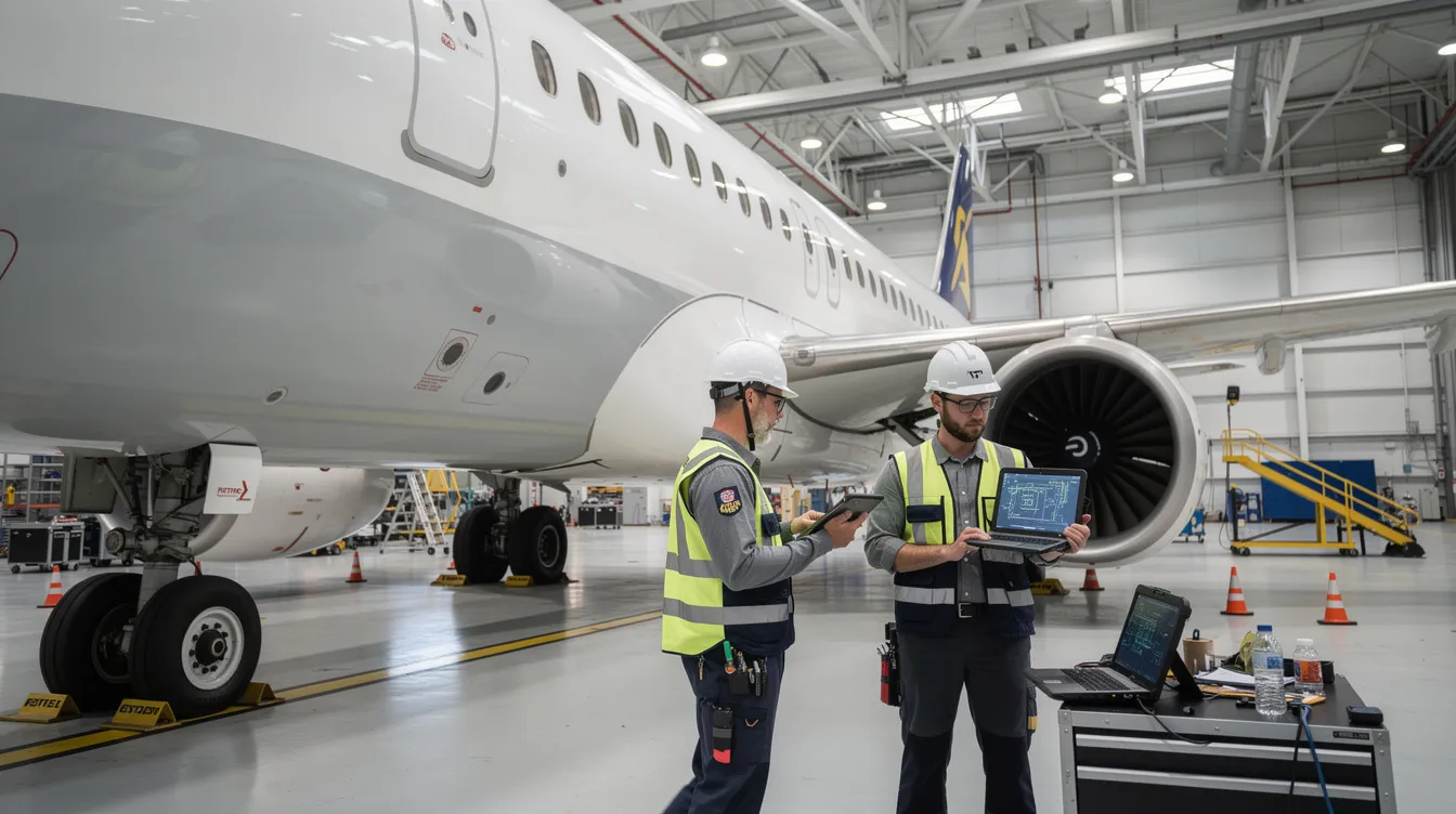 An aircraft maintenance team is gathered near an aircraft in a hangar, utilizing tablets to manage records and ensure compliance with aviation safety regulations. They are engaged in activities that involve accurate documentation and efficient record keeping, highlighting best practices in aviation training and maintenance operations.