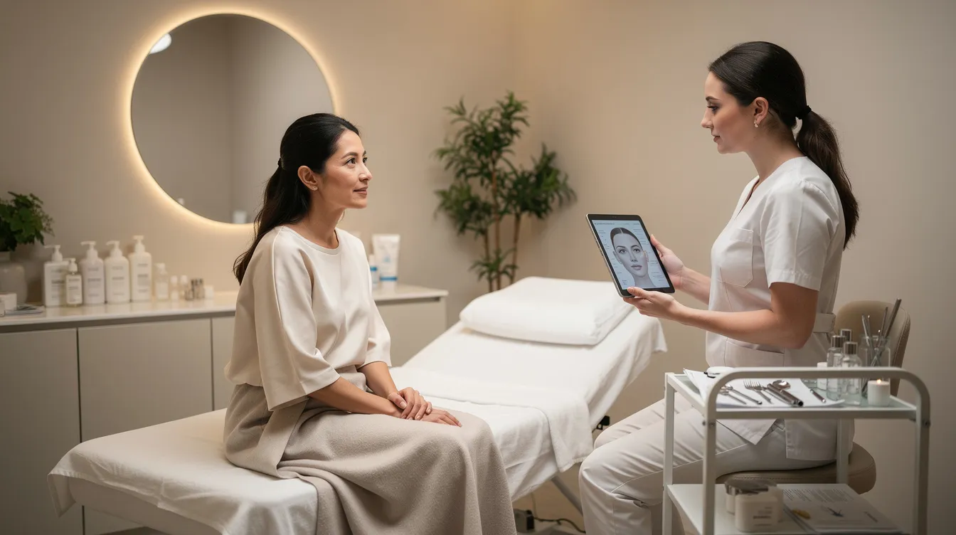 The image depicts a serene treatment room where a patient is preparing for a facial aesthetic consultation, likely discussing options for skin tightening and collagen production through minimally invasive laser treatments like Endolift. The calm atmosphere suggests a focus on skincare routines aimed at improving skin texture and elasticity while addressing concerns such as loose skin and moderate sagging.