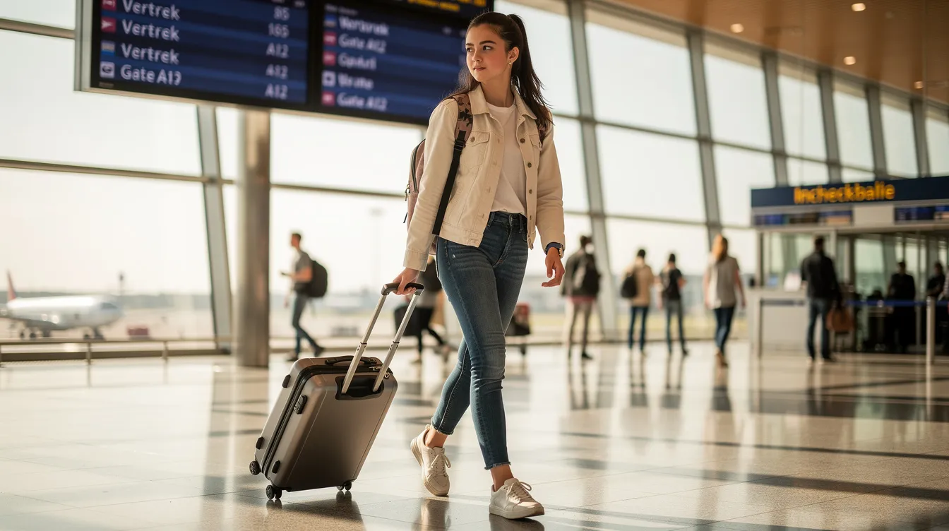 Een tienermodel staat op een luchthaven met een koffer, klaar om te reizen voor opdrachten in de modewereld. Het model, dat op sociale media een groeiend aantal volgers heeft, vertegenwoordigt de nieuwe generatie in de mode-industrie en is bezig met persoonlijke ontwikkeling en creatieve projecten.