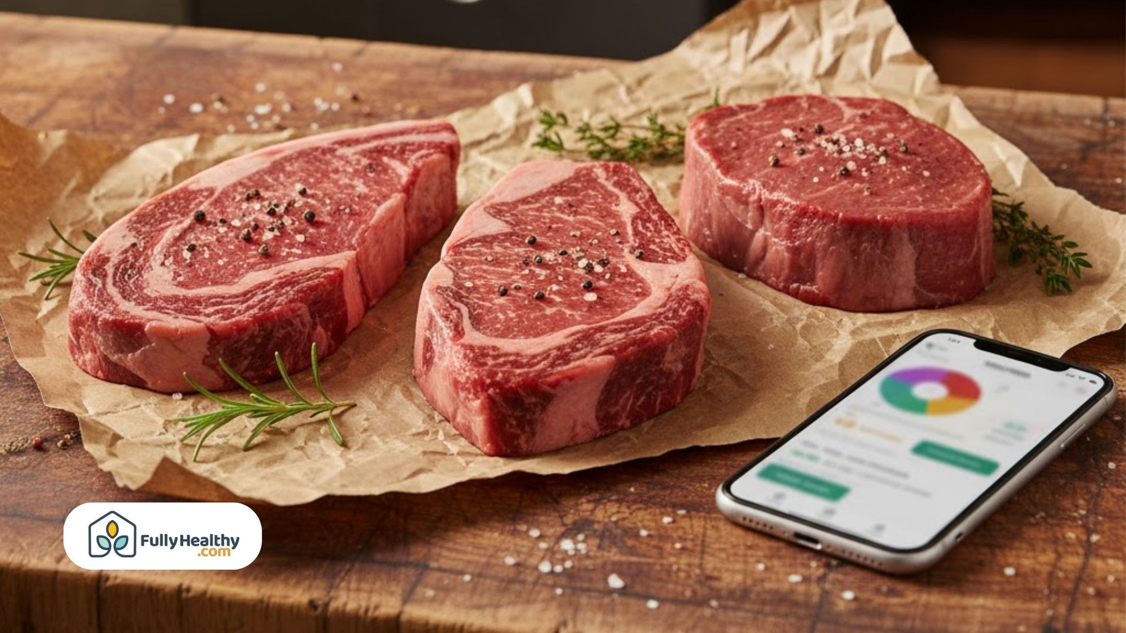 Three raw beef steaks on parchment paper with smartphone.