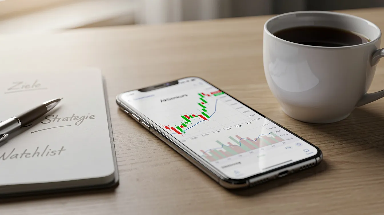 Ein Smartphone liegt auf einem Schreibtisch und zeigt ein Kursdiagramm an, das den Bitcoin-Kurs darstellt. Daneben steht eine Tasse Kaffee und ein Notizblock, ideal für Krypto-Anfänger, die sich mit dem Kauf von Bitcoin und anderen Kryptowährungen beschäftigen möchten.