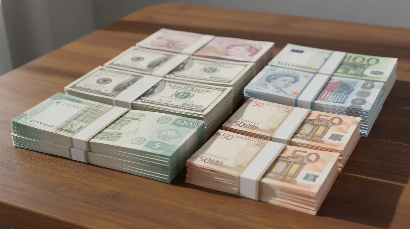 The image depicts stacks of various currencies, including Indian rupees, US dollars, British pounds, and euros, neatly arranged on a wooden table. This visual represents the global financial landscape, highlighting the importance of international money transfer services, like those offered by South Indian Bank.