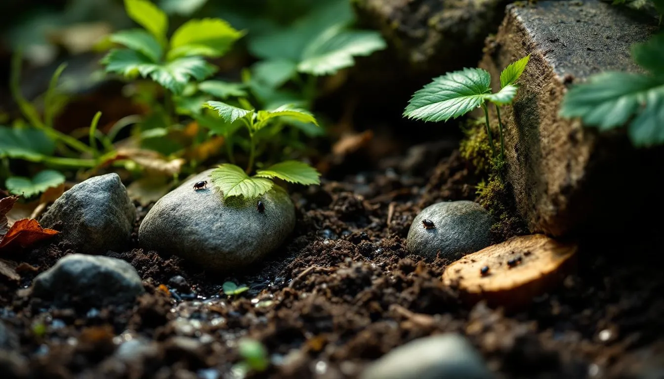 A garden scene with methods to control slater bugs, including barriers and healthy plants.