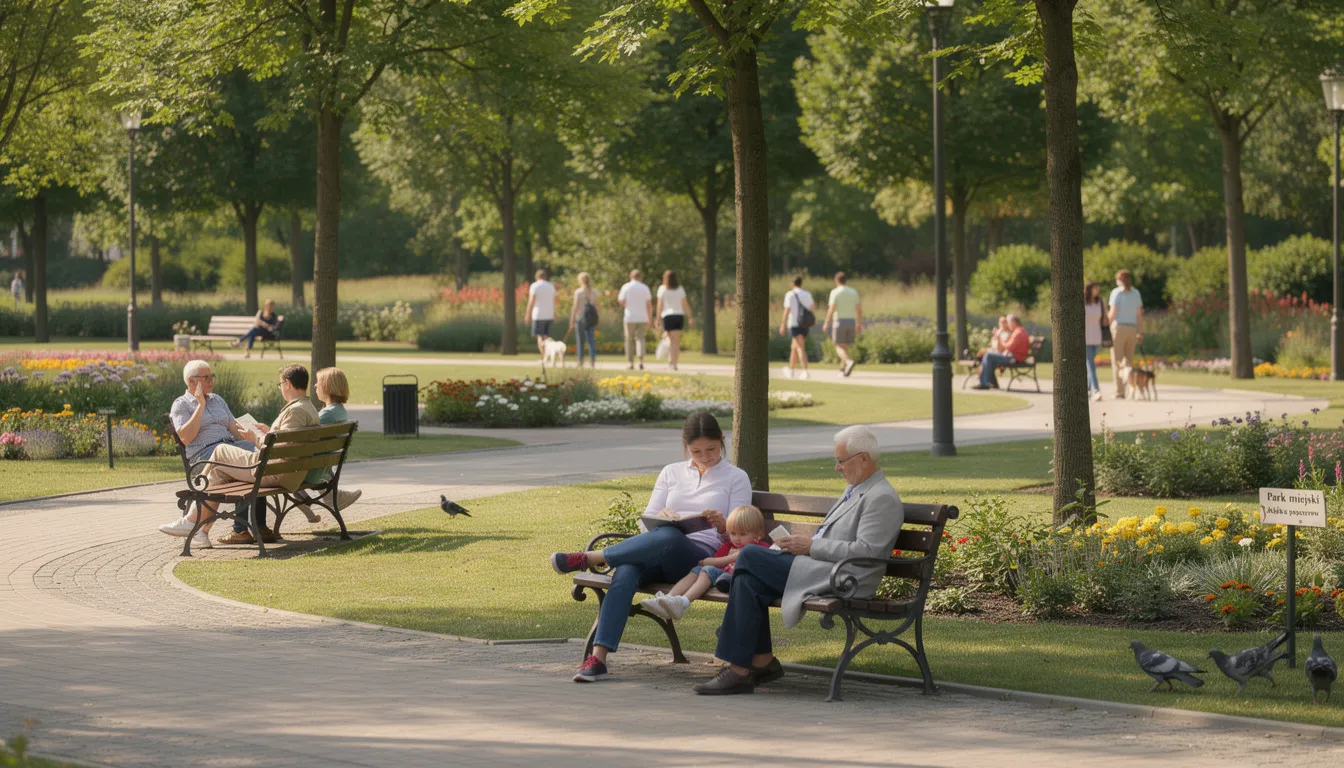 Na obrazie widać park z alejkami spacerowymi, gdzie ludzie odpoczywają na ławkach, ciesząc się świeżym powietrzem i unikalnym klimatem Żoliborza. To idealne miejsce na relaks w jednej z najbardziej prestiżowych dzielnic Warszawy, gdzie bliskość natury łączy się z miejskim stylem życia.