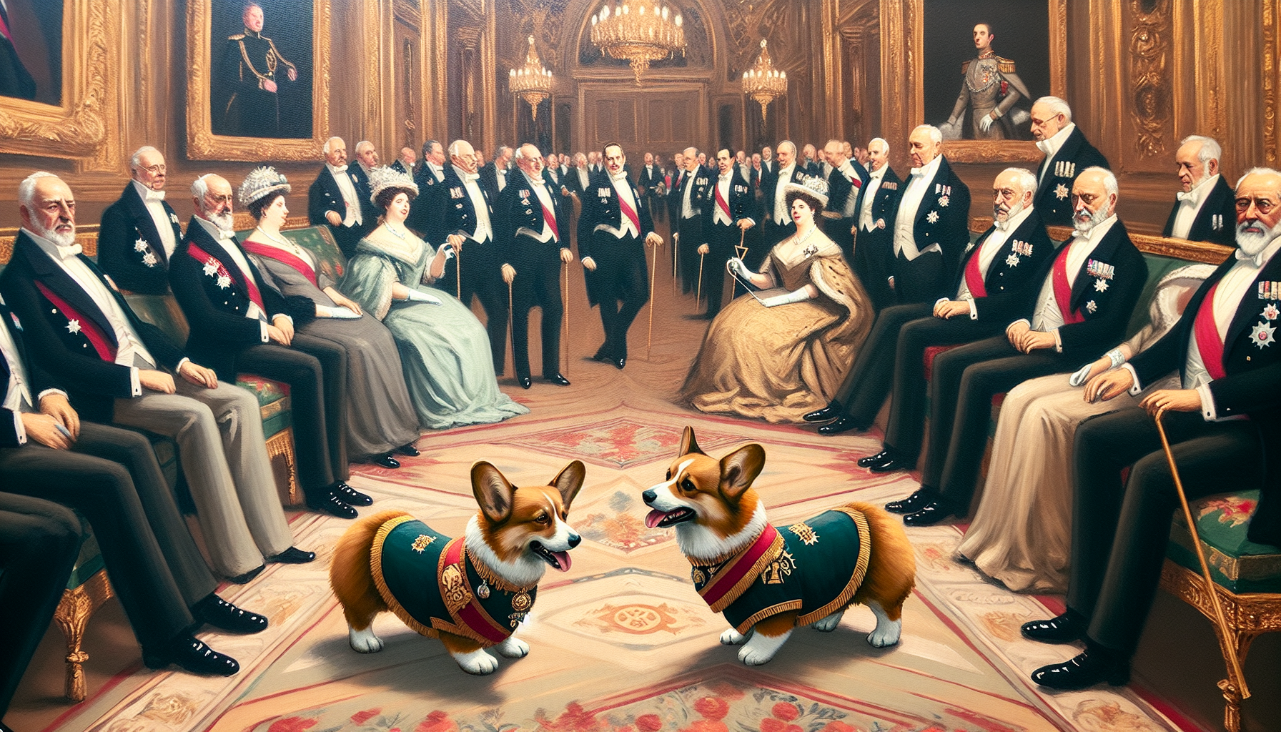 Corgis as diplomatic aides by Midjourney.