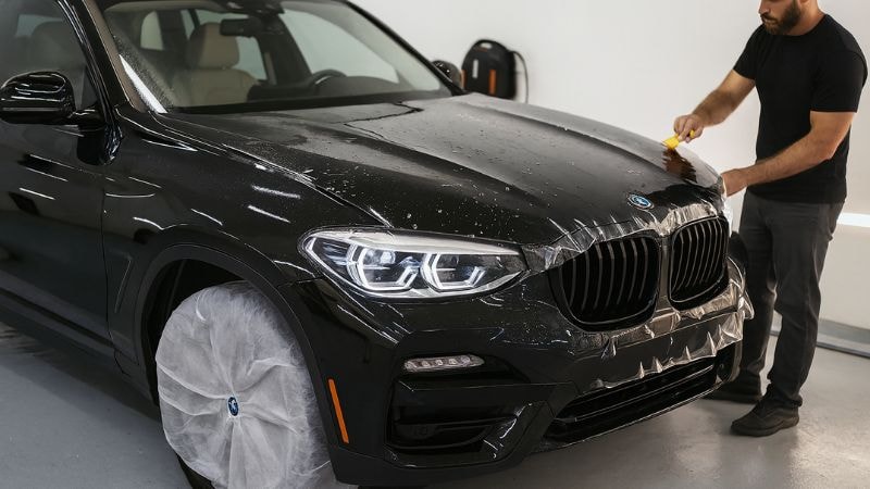 Installation of a clear bra on the surface of vehicle