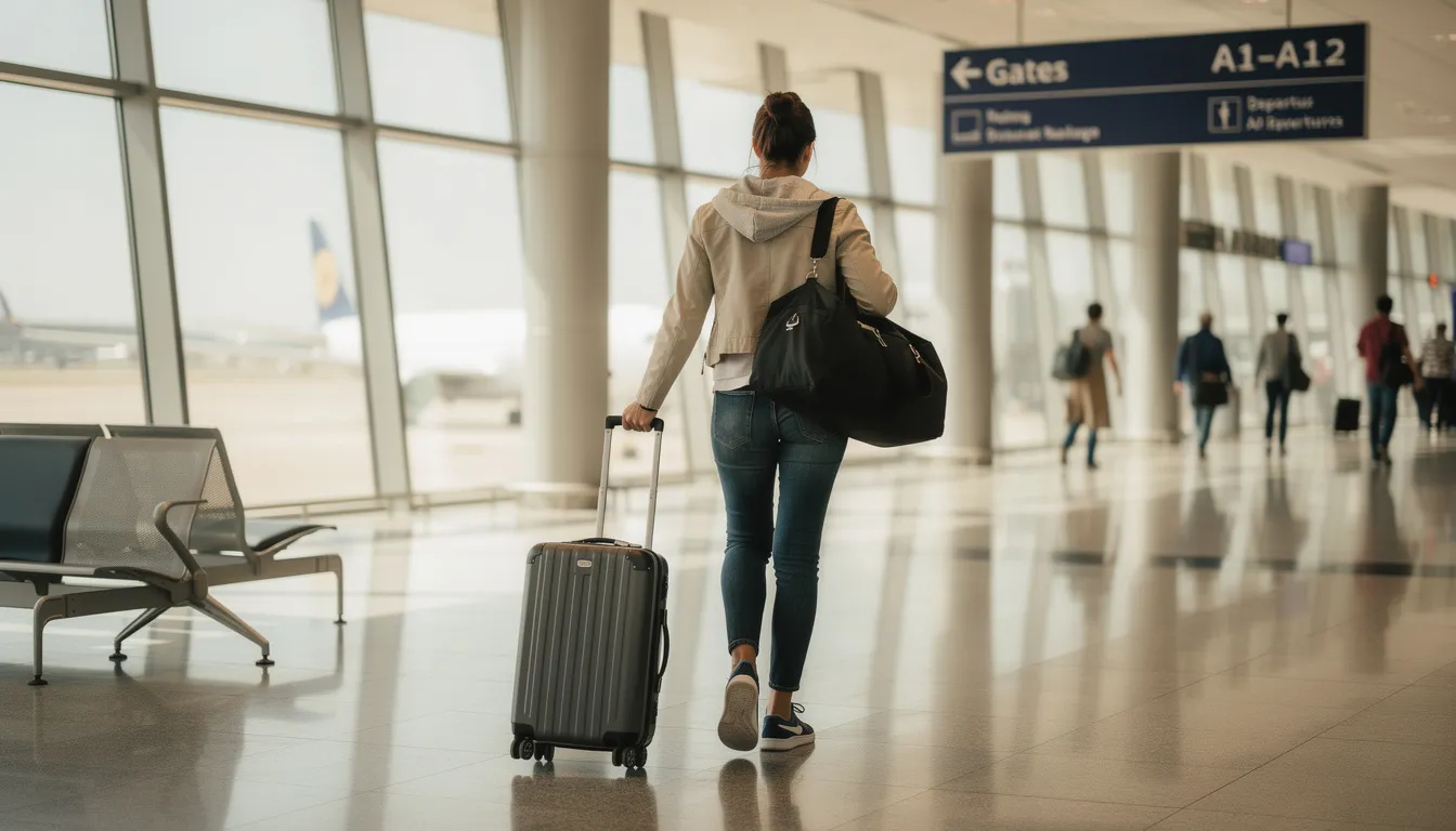 A traveler is walking through an airport terminal, carrying a gym bag and travel luggage, likely preparing for a journey that may involve taking dietary supplements like creatine and protein powder. The scene reflects the hustle of airport life, with security checkpoints in the background where travelers must adhere to TSA regulations regarding carry-on bags and powder-like substances.