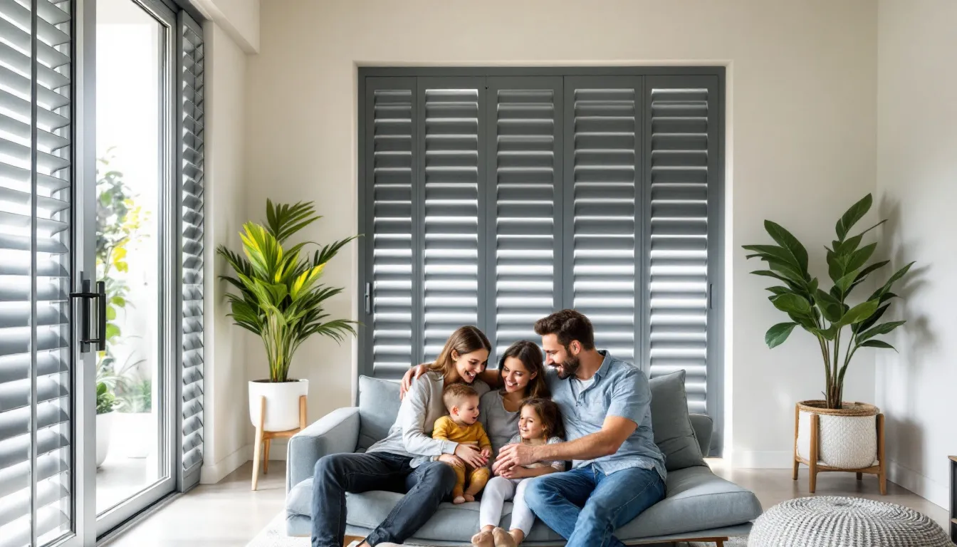 A happy family enjoying the benefits of aluminium shutters in their home.
