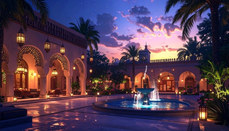 Beautiful courtyard with lantern lighting, palm trees, and a glowing fountain