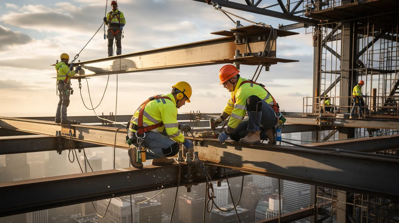 A group of construction workers wearing hard hats and safety harnesses is actively engaged in assembling a steel framework at a construction site, emphasizing the importance of proper safety measures and personal protective equipment to prevent construction site accidents and injuries. The scene highlights the occupational safety standards necessary to protect workers from falling objects and other hazards while working at height.