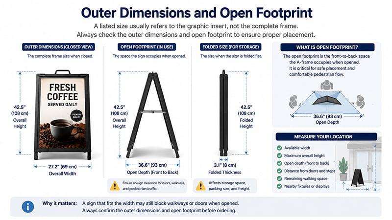 A-frame outer dimensions, open footprint, folded size, and placement clearance diagram