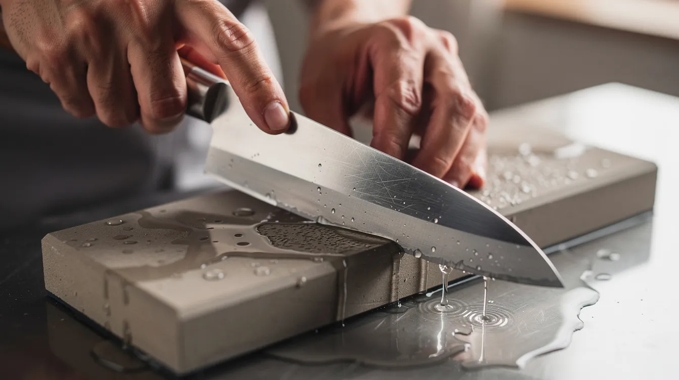 A Japanese knife, possibly a santoku or gyuto, is being carefully sharpened on a whetstone with water, highlighting its traditional craftsmanship and the pursuit of a razor sharp edge. The scene emphasizes the importance of knife maintenance for achieving exceptional sharpness in Japanese cuisine.