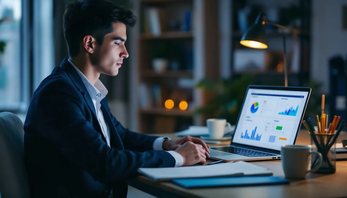 A person is engaged in an online business training course on a laptop, with charts and graphs illustrating financial performance and strategic objectives visible on the screen, highlighting the importance of business acumen training for achieving organizational success. The setting emphasizes the critical role of informed decision-making and strategic thinking in driving profitability and competitive edge in the business world.