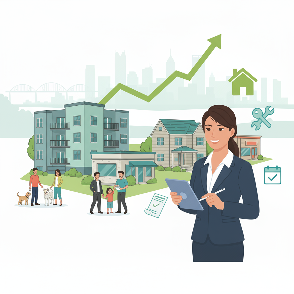 Illustration of a property manager overseeing rentals in Toledo with intensive management strategies, showcasing family friendly attractions nearby, highlighting stable rental rates, and reflecting how personal preferences shape long-term housing choices.